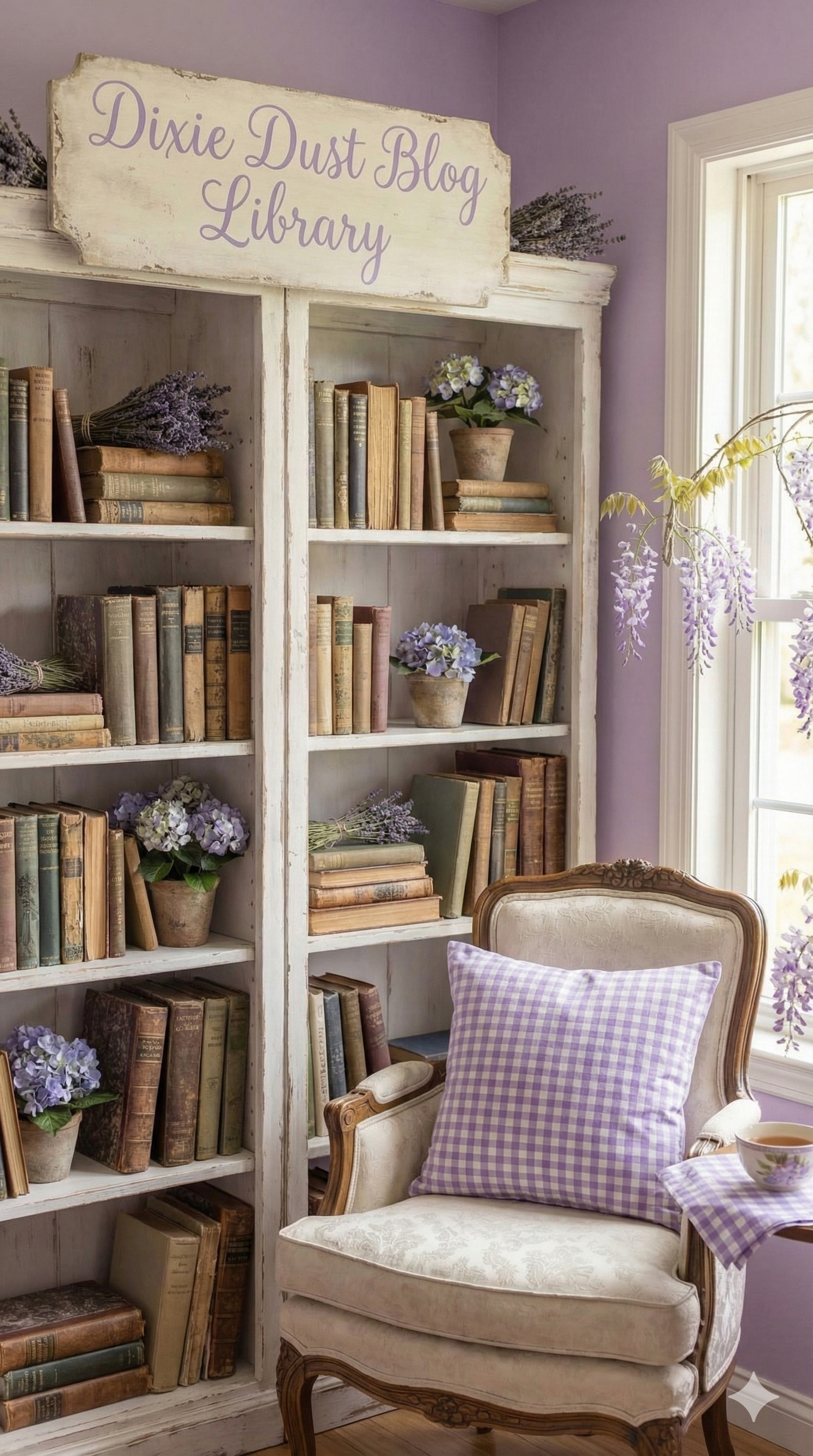 Cozy bookshelf and chair scene for the Dixie Dust blog library