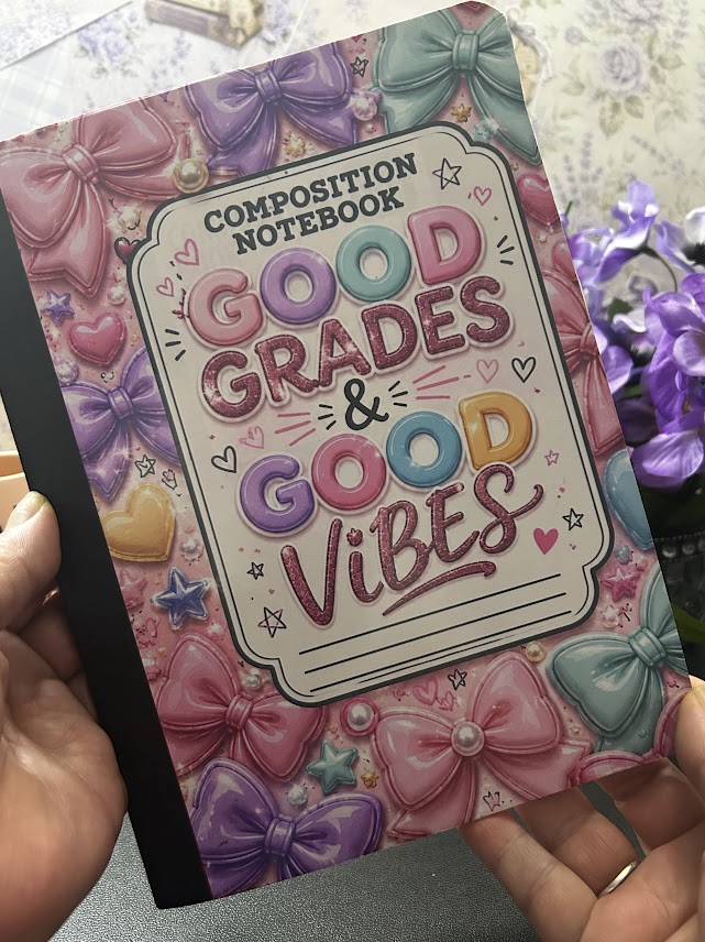 Front cover of the Good Grades and Good Vibes composition notebook