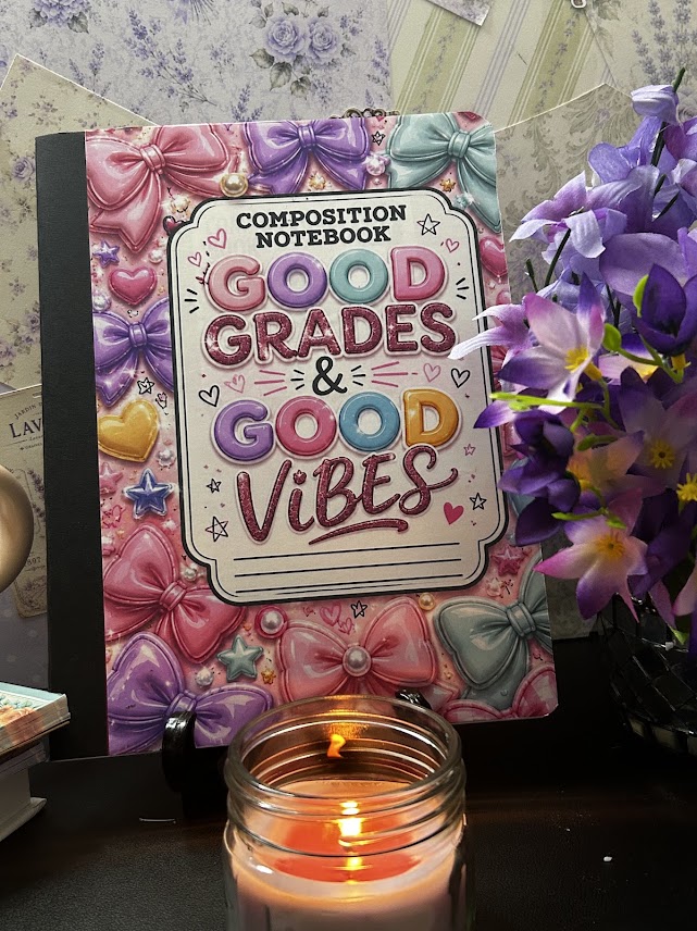 Good Grades and Good Vibes handmade composition notebook displayed on the Dixie Dust Lavender Cottage backdrop