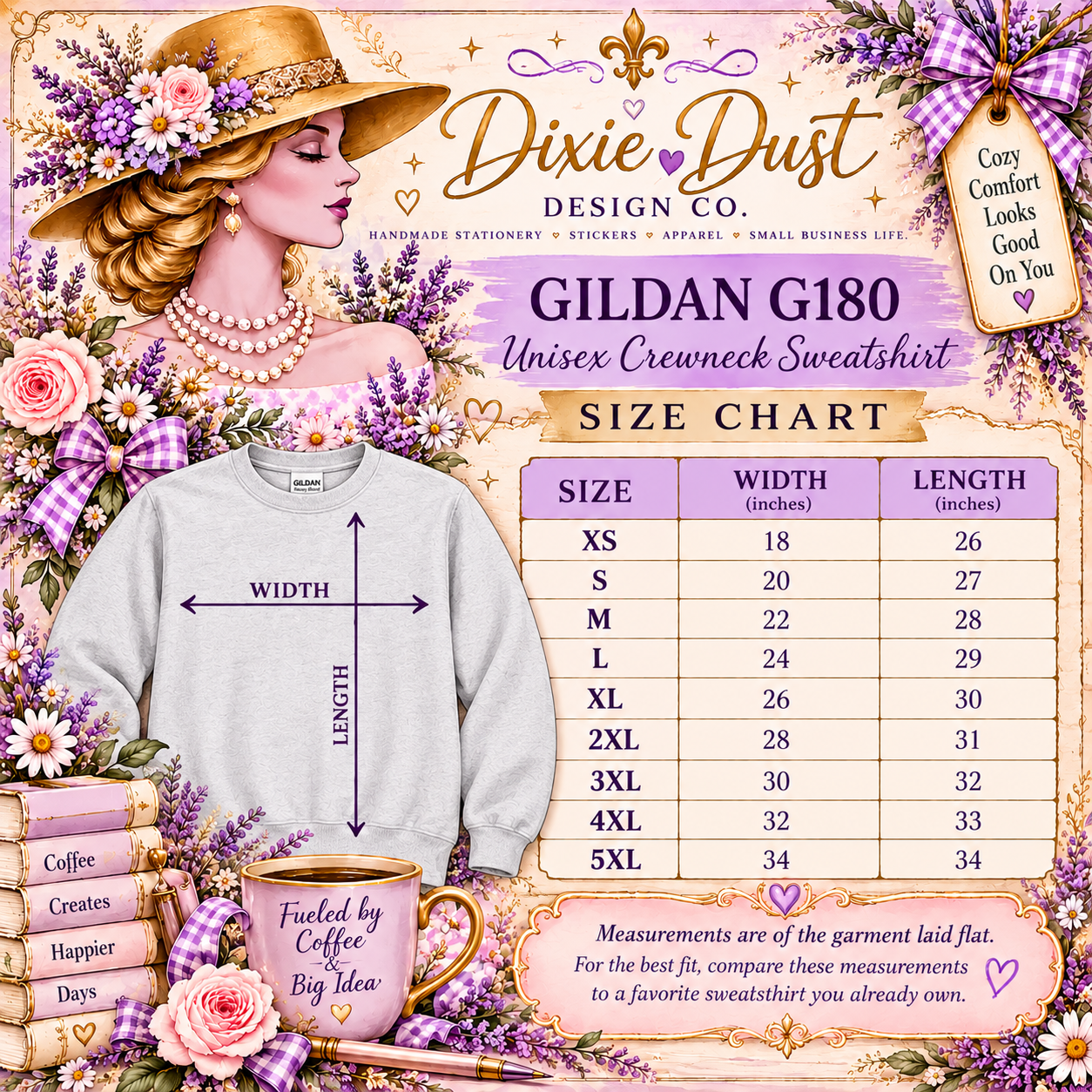 Gildan G180 crewneck sweatshirt size chart